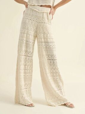 Miou Muse Crochet Wide-Leg Pants in Cream 100% Cotton